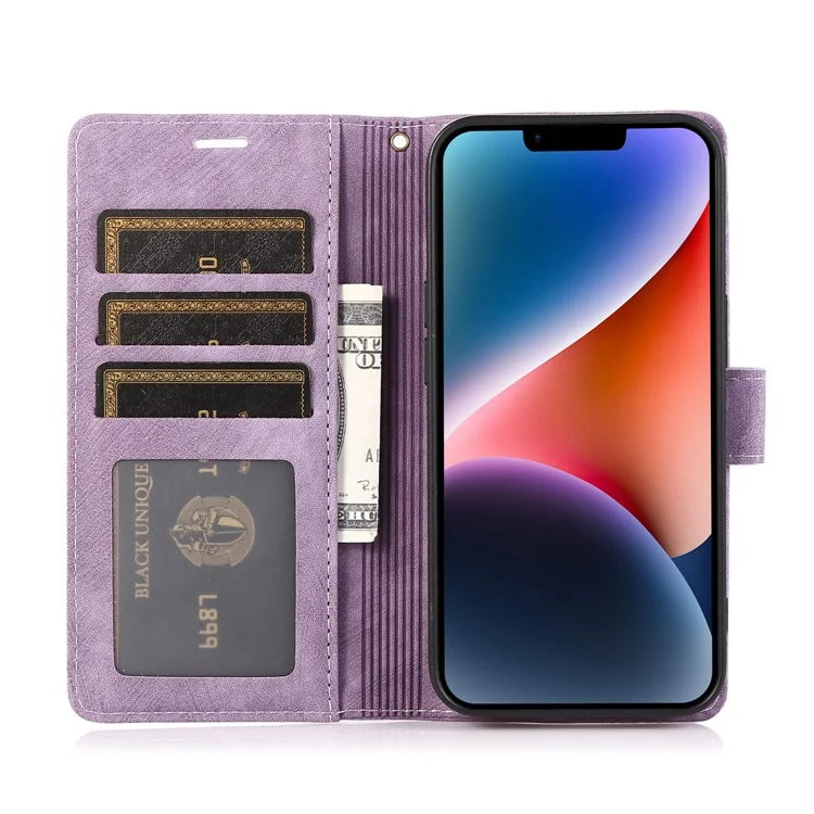 For iPhone 13 Leather Case with Strap Wallet Stand Orchid Butterfly Pattern
