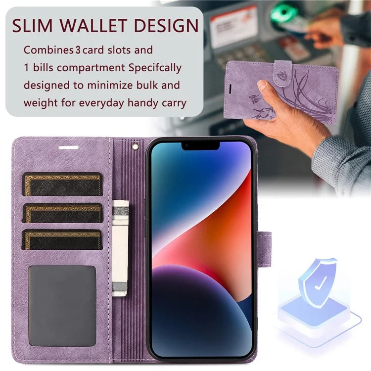 For iPhone 13 Leather Case with Strap Wallet Stand Orchid Butterfly Pattern