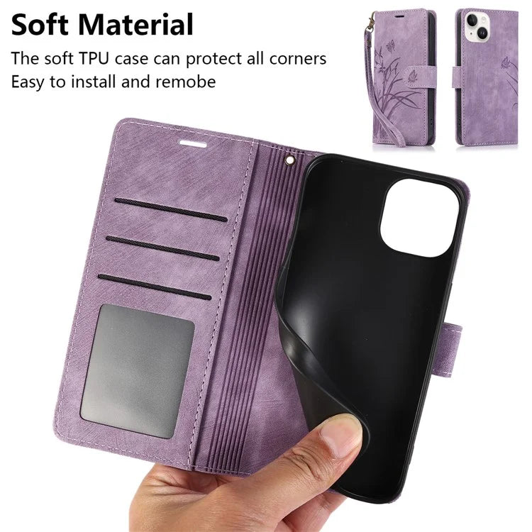 For iPhone 13 Leather Case with Strap Wallet Stand Orchid Butterfly Pattern