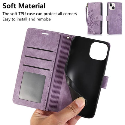 For iPhone 13 Leather Case with Strap Wallet Stand Orchid Butterfly Pattern