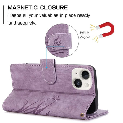 For iPhone 13 Leather Case with Strap Wallet Stand Orchid Butterfly Pattern