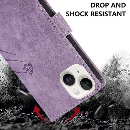 For iPhone 13 Leather Case with Strap Wallet Stand Orchid Butterfly Pattern