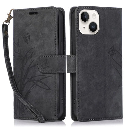 For iPhone 14 Leather Wallet Case Orchid Butterfly Phone Cover with Strap