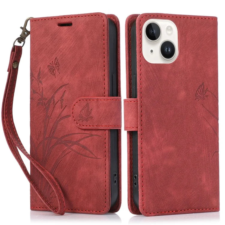 For iPhone 14 Leather Wallet Case Orchid Butterfly Phone Cover with Strap