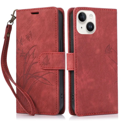 For iPhone 14 Leather Wallet Case Orchid Butterfly Phone Cover with Strap