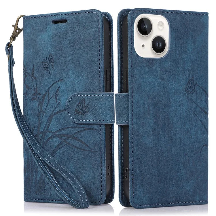 For iPhone 14 Leather Wallet Case Orchid Butterfly Phone Cover with Strap