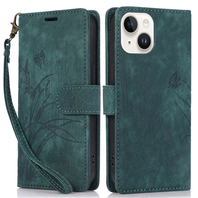 For iPhone 14 Leather Wallet Case Orchid Butterfly Phone Cover with Strap