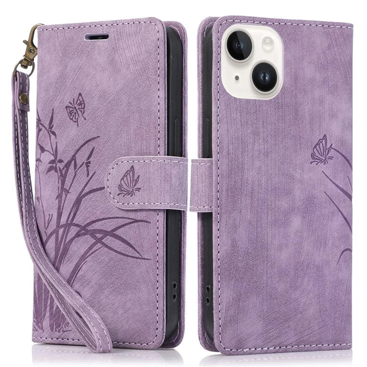 For iPhone 14 Leather Wallet Case Orchid Butterfly Phone Cover with Strap