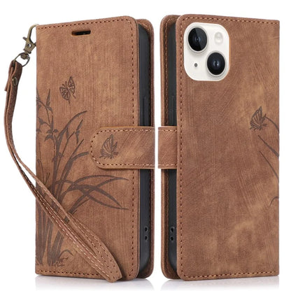 For iPhone 14 Leather Wallet Case Orchid Butterfly Phone Cover with Strap