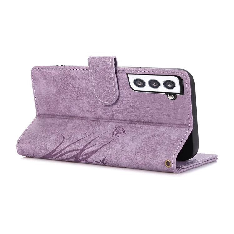 For Samsung Galaxy S23 Phone Case Wallet Folding Stand Orchid Butterfly Pattern