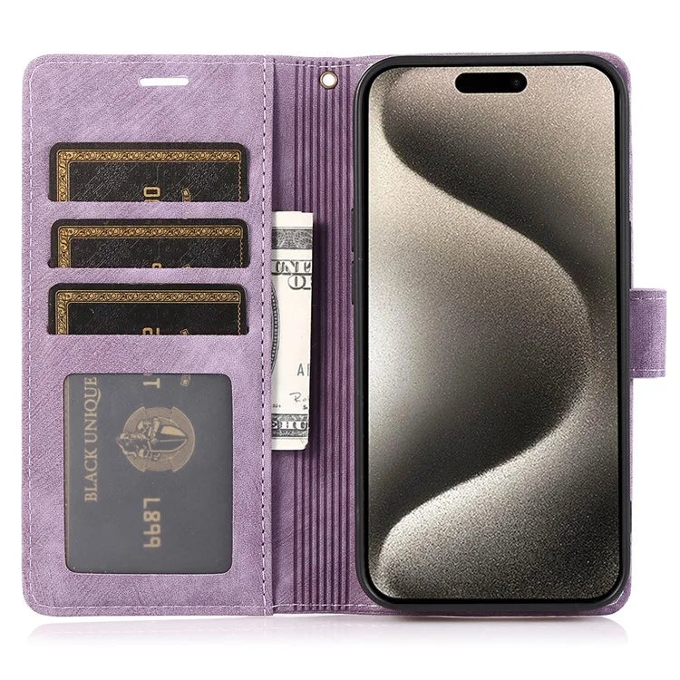 For iPhone 15 Pro Leather Flip Cover Orchid Butterfly Wallet Case with Strap