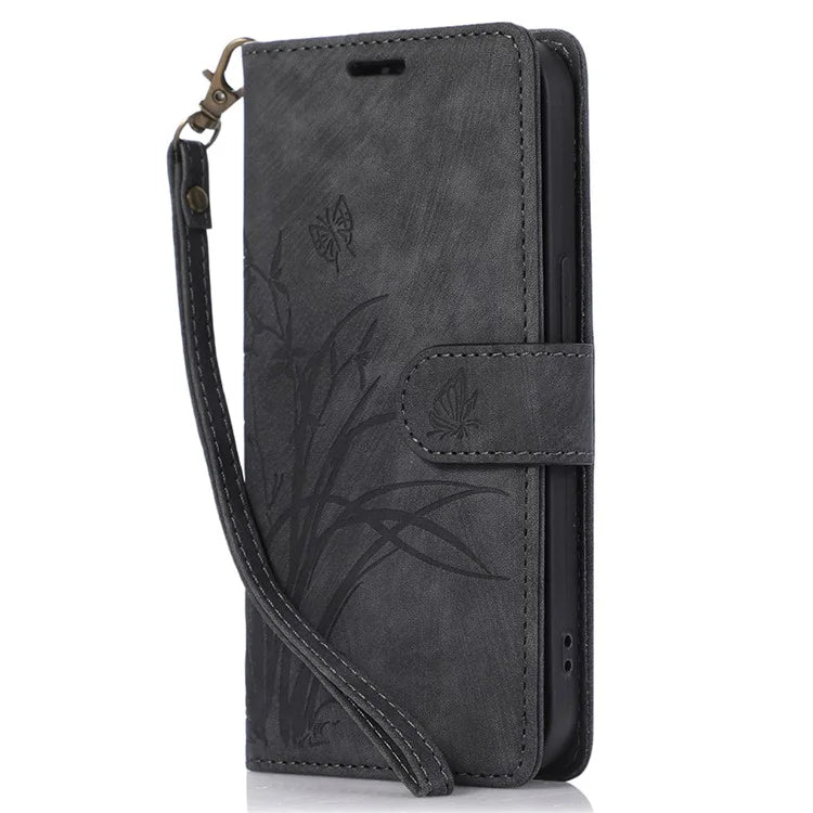For iPhone 13 Pro Leather Wallet Case with Strap Orchid Butterfly Pattern