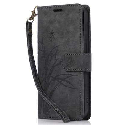 For iPhone 13 Pro Leather Wallet Case with Strap Orchid Butterfly Pattern