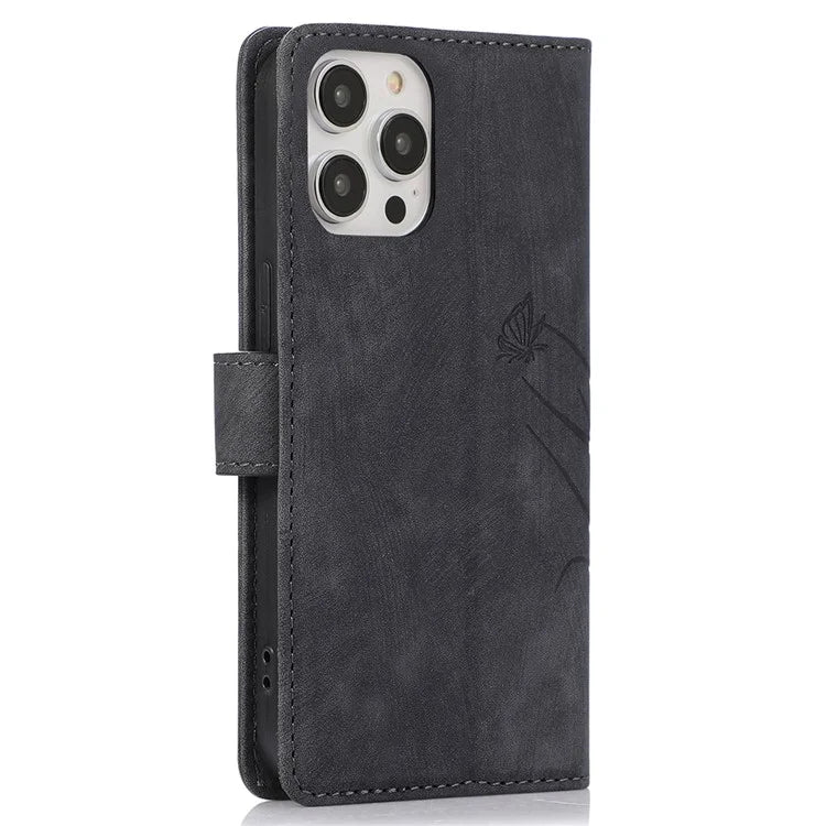 For iPhone 13 Pro Leather Wallet Case with Strap Orchid Butterfly Pattern
