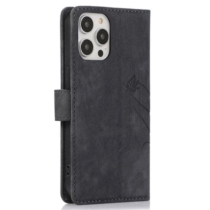 For iPhone 13 Pro Leather Wallet Case with Strap Orchid Butterfly Pattern