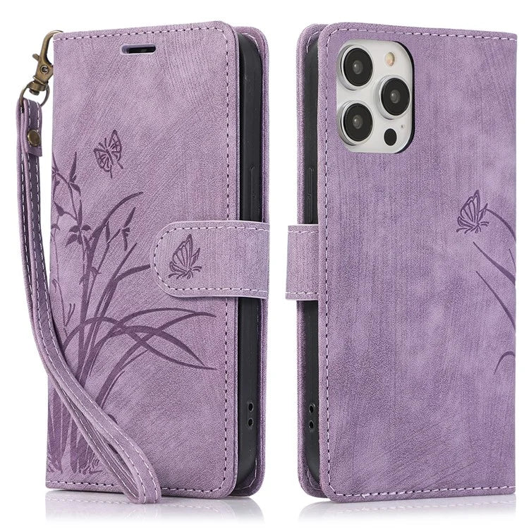 For iPhone 13 Pro Leather Wallet Case with Strap Orchid Butterfly Pattern