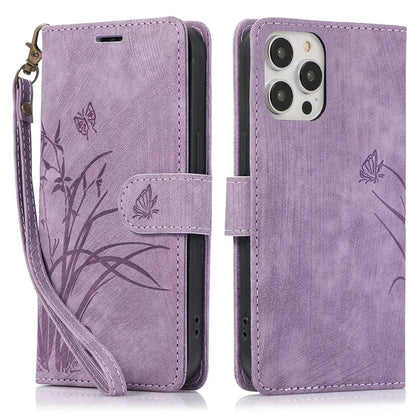 For iPhone 13 Pro Leather Wallet Case with Strap Orchid Butterfly Pattern