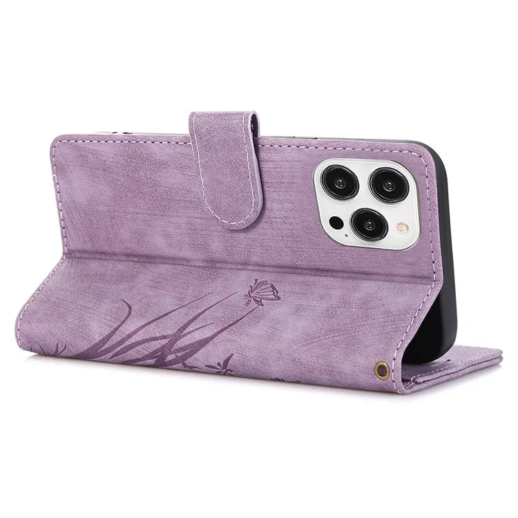 For iPhone 13 Pro Leather Wallet Case with Strap Orchid Butterfly Pattern