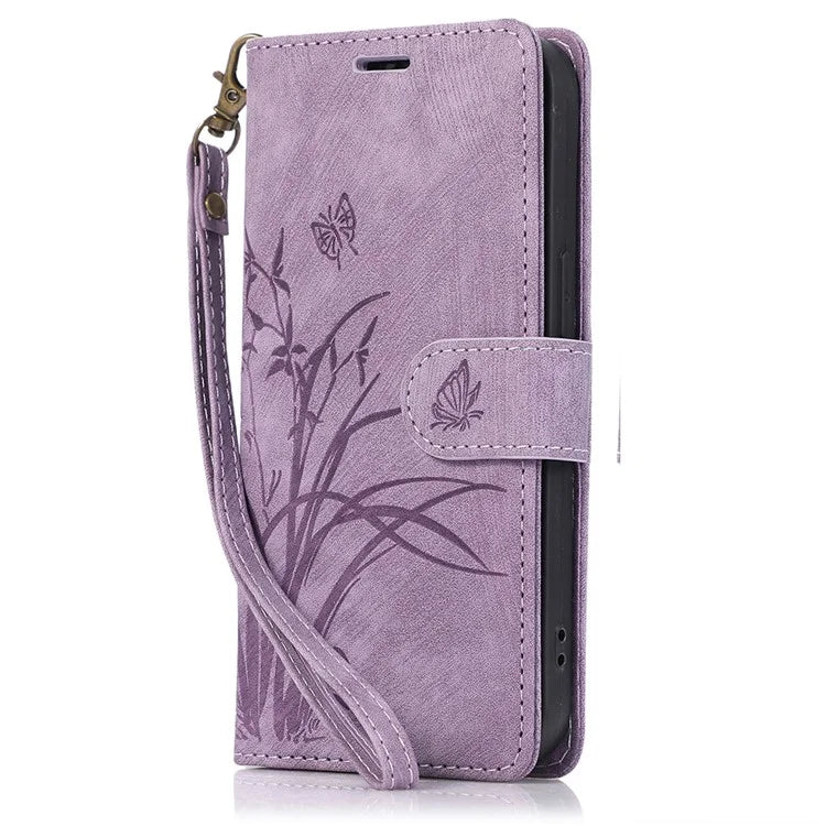 For iPhone 13 Pro Leather Wallet Case with Strap Orchid Butterfly Pattern