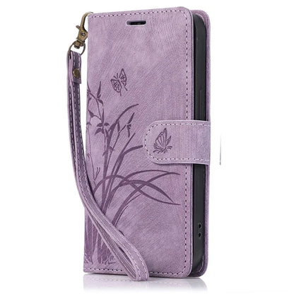 For iPhone 13 Pro Leather Wallet Case with Strap Orchid Butterfly Pattern