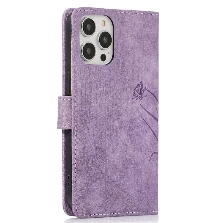 For iPhone 13 Pro Leather Wallet Case with Strap Orchid Butterfly Pattern