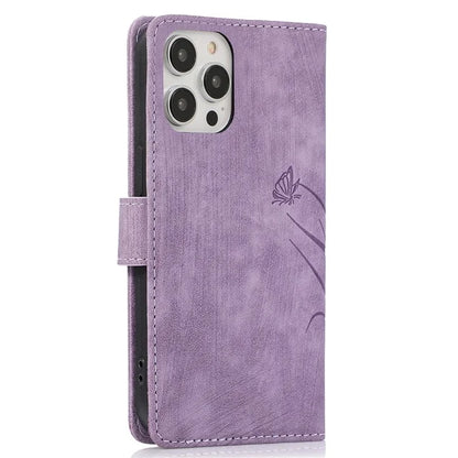 For iPhone 13 Pro Leather Wallet Case with Strap Orchid Butterfly Pattern