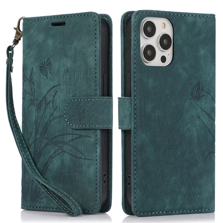 For iPhone 13 Pro Leather Wallet Case with Strap Orchid Butterfly Pattern