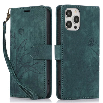 For iPhone 13 Pro Leather Wallet Case with Strap Orchid Butterfly Pattern