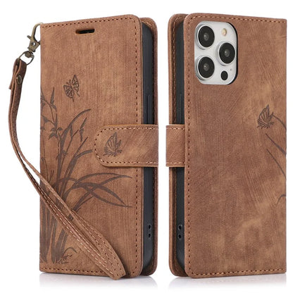 For iPhone 13 Pro Leather Wallet Case with Strap Orchid Butterfly Pattern