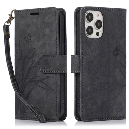 For iPhone 14 Pro Max Leather Wallet Case with Hand Strap Orchid Butterfly Pattern