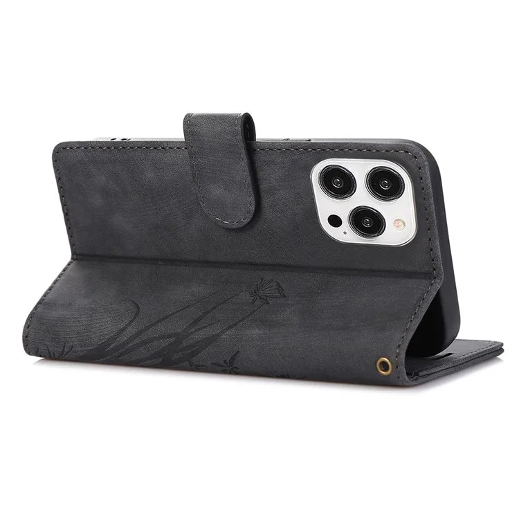 For iPhone 14 Pro Max Leather Wallet Case with Hand Strap Orchid Butterfly Pattern