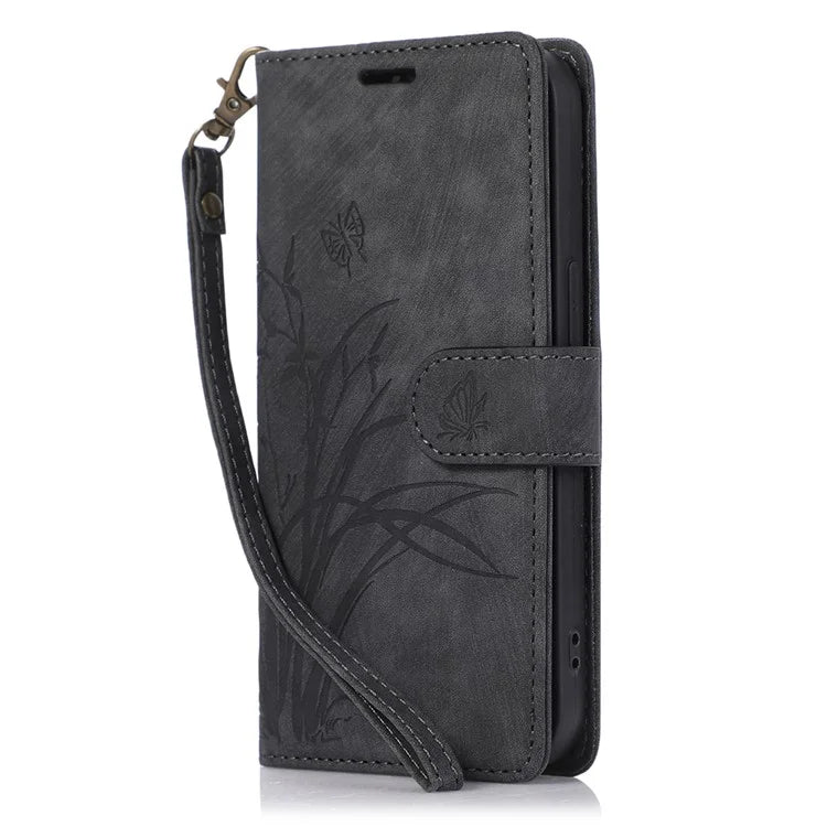 For iPhone 14 Pro Max Leather Wallet Case with Hand Strap Orchid Butterfly Pattern