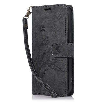 For iPhone 14 Pro Max Leather Wallet Case with Hand Strap Orchid Butterfly Pattern
