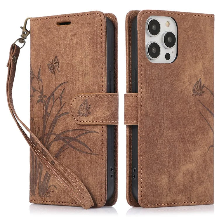For iPhone 14 Pro Max Leather Wallet Case with Hand Strap Orchid Butterfly Pattern