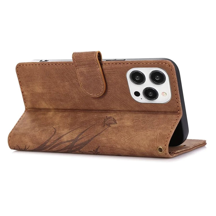 For iPhone 14 Pro Max Leather Wallet Case with Hand Strap Orchid Butterfly Pattern