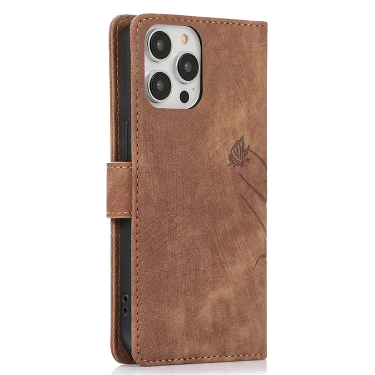 For iPhone 14 Pro Max Leather Wallet Case with Hand Strap Orchid Butterfly Pattern