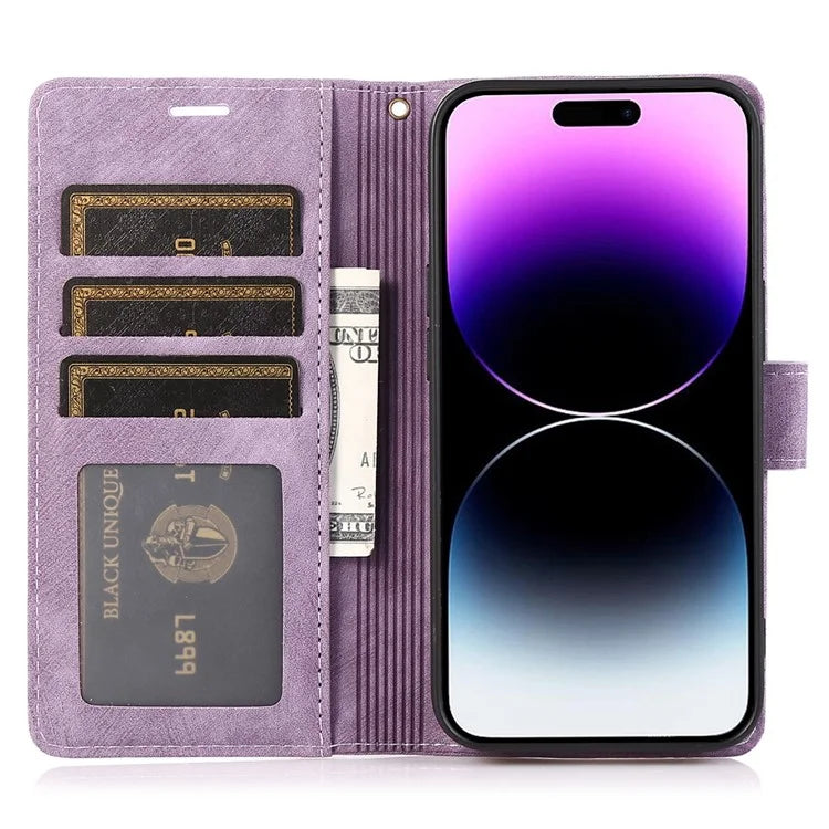 For iPhone 14 Pro Max Leather Wallet Case with Hand Strap Orchid Butterfly Pattern