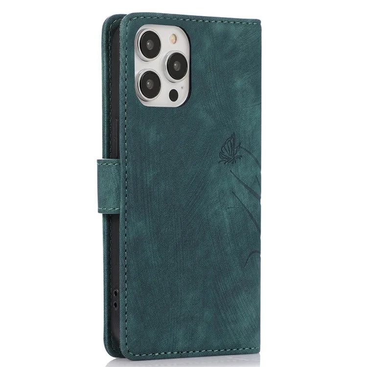 For iPhone 14 Pro Max Leather Wallet Case with Hand Strap Orchid Butterfly Pattern