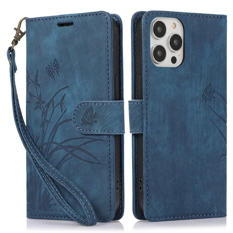 For iPhone 14 Pro Max Leather Wallet Case with Hand Strap Orchid Butterfly Pattern