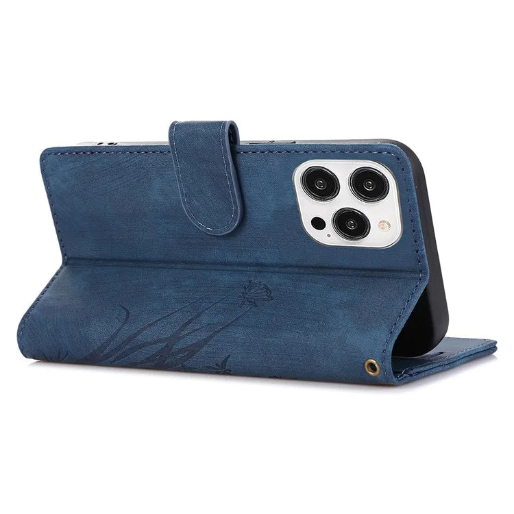 For iPhone 14 Pro Max Leather Wallet Case with Hand Strap Orchid Butterfly Pattern