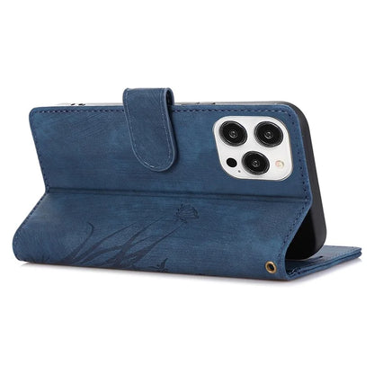For iPhone 14 Pro Max Leather Wallet Case with Hand Strap Orchid Butterfly Pattern