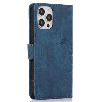 For iPhone 14 Pro Max Leather Wallet Case with Hand Strap Orchid Butterfly Pattern