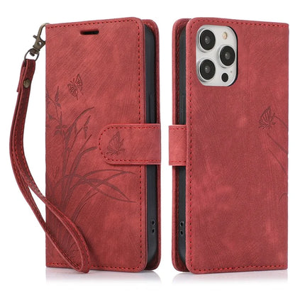 For iPhone 14 Pro Max Leather Wallet Case with Hand Strap Orchid Butterfly Pattern