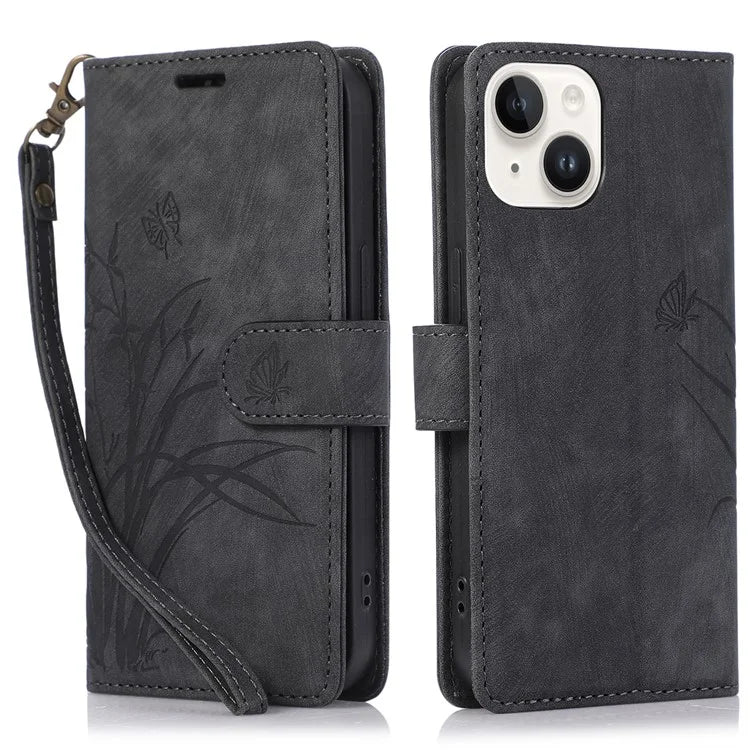 For iPhone 15 Plus Case Leather Flip Wallet Cover with Strap Orchid Butterfly