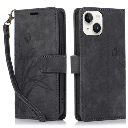For iPhone 15 Plus Case Leather Flip Wallet Cover with Strap Orchid Butterfly