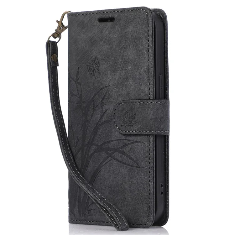 For iPhone 15 Plus Case Leather Flip Wallet Cover with Strap Orchid Butterfly