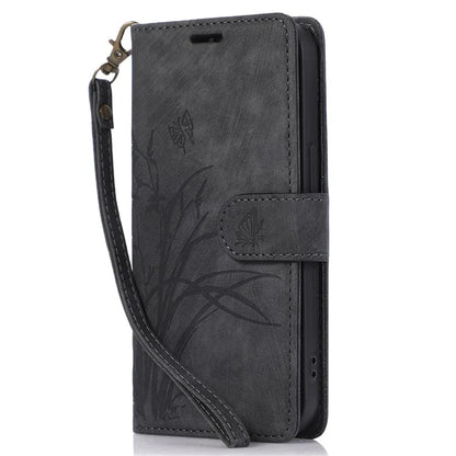 For iPhone 15 Plus Case Leather Flip Wallet Cover with Strap Orchid Butterfly