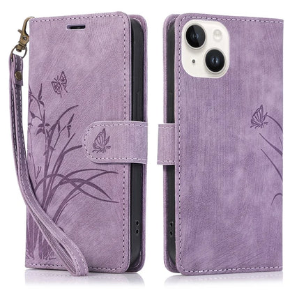 For iPhone 15 Plus Case Leather Flip Wallet Cover with Strap Orchid Butterfly