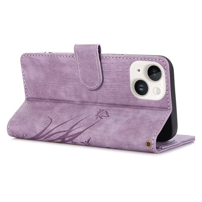 For iPhone 15 Plus Case Leather Flip Wallet Cover with Strap Orchid Butterfly