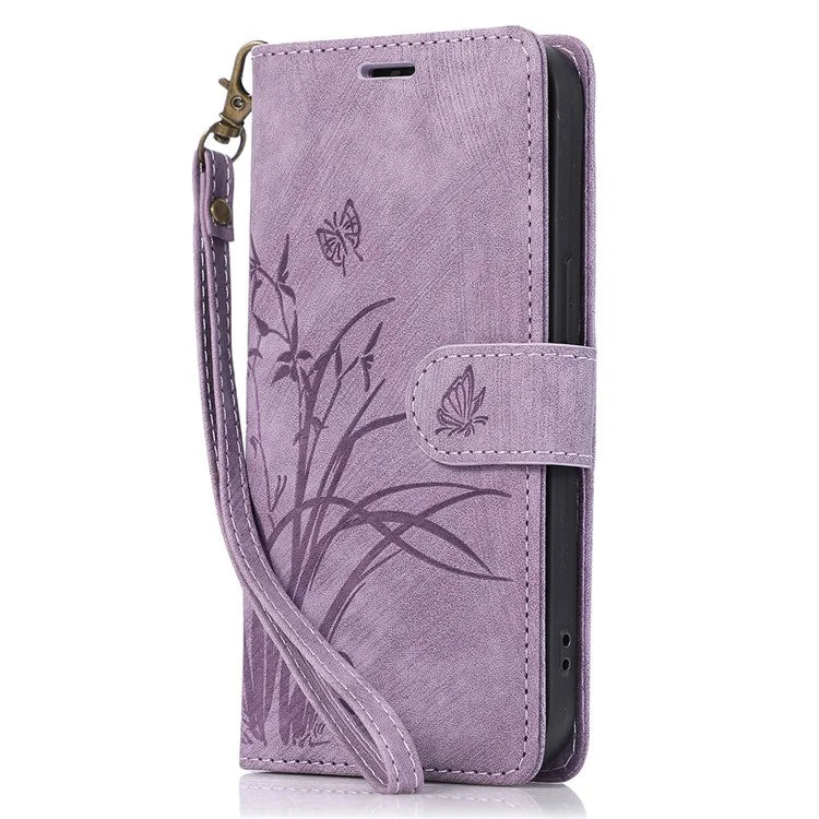 For iPhone 15 Plus Case Leather Flip Wallet Cover with Strap Orchid Butterfly